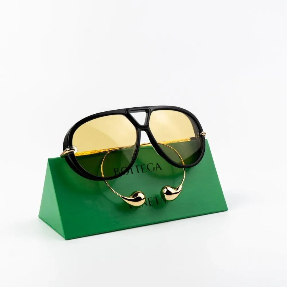 NEW Bottega Veneta BV1273S 003 Black Gold Yellow Pilot Unisex Sunglasses